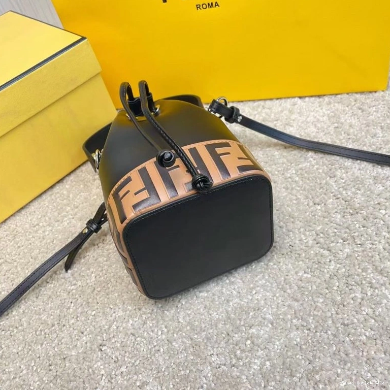 Affordable Bucket Calf Bag Fendi Mon Mini Tresor FF In Black Motif Brown Leather 0821